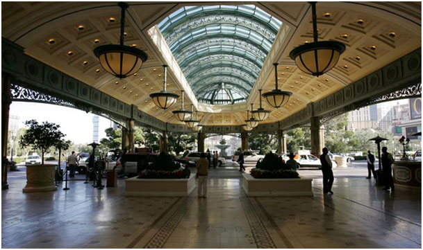The main entrance of the Bellagio Hotel